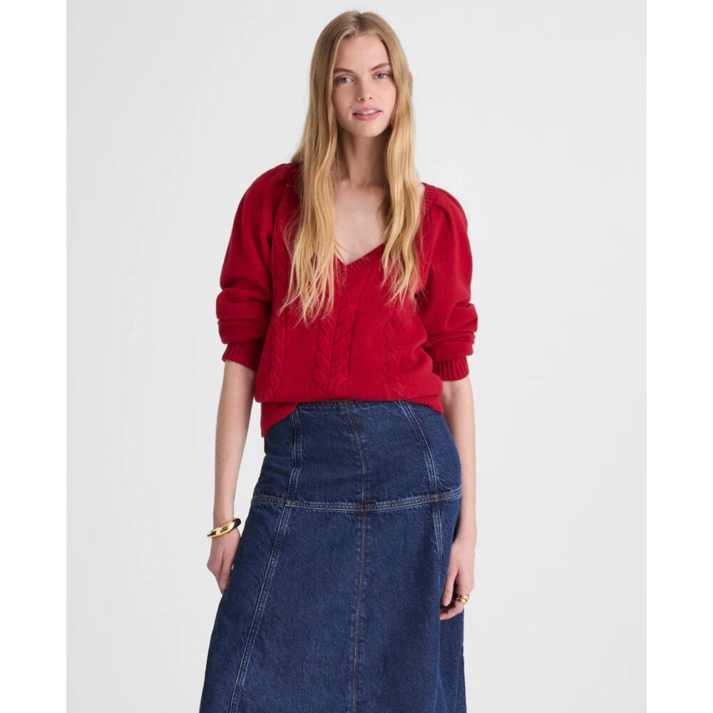 Madewell V-Neck Pullover Sweater Merino Wool XS Red NWT NY444 Cable Knit Prep - Picture 2 of 7